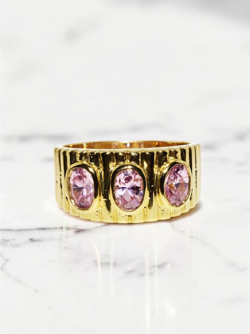 Pink Lab Sapphire 3 Stone Ring Gold Plated Sterling Silver Oval Cocktail Sz 8